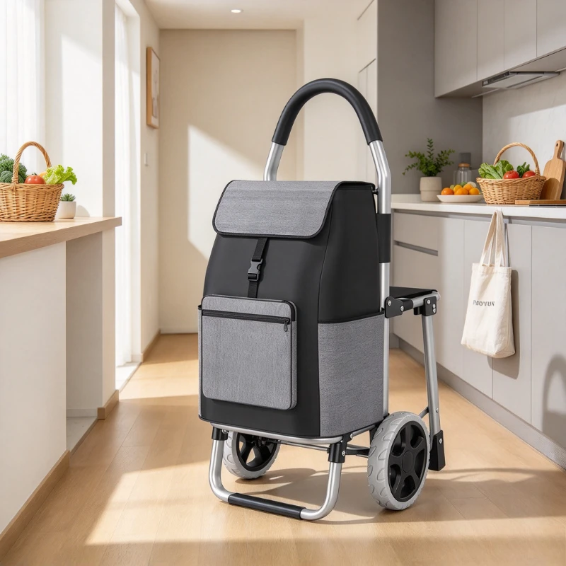 Foldable Aluminum Shopping Trolley, Large Wheel Pull Cart with Seat for Grocery Luggage Camping Senior Home Daily Outdoor Use