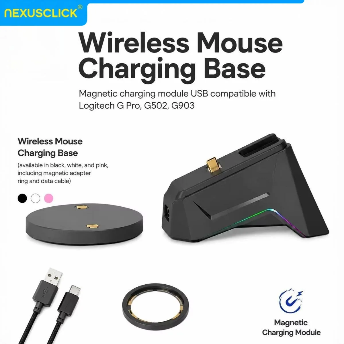 NEXUSCLICK Gaming Mouse Charging Dock, Magnetic Charging Module,USB Hub Extender RGB For Logitech GPW G Pro Superlight G502 G903