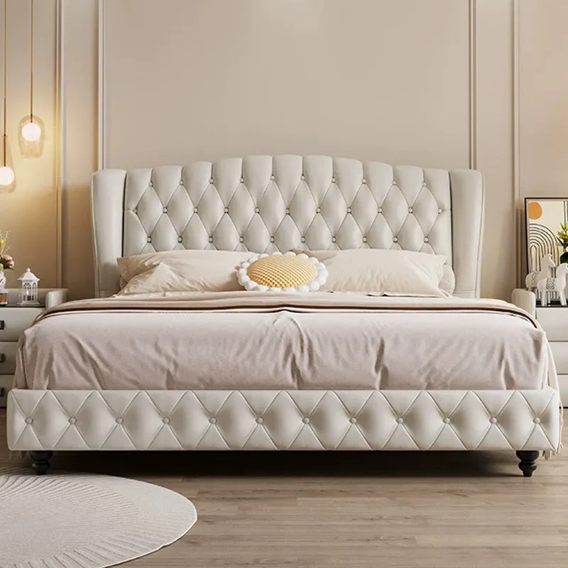**Modern European-style Platform Bed with Genuine Leather Double-sized Extra-large Platform and Soft Cushioned Bed