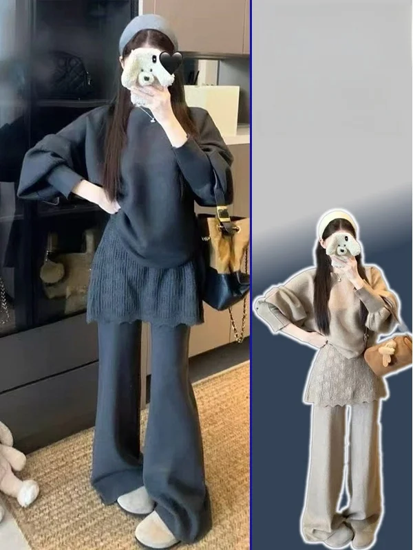 

plus Size Knitted Sweater Set Women's round Ne Slim Fit Casual Faion Two-Piece Suit High Waist Long Pants Comfortable Warmth