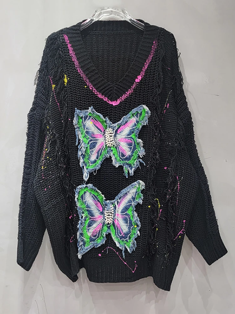 DEAT Women Pullover Butterfly Patches Design Graffiti Loose O-neck Black Knitted Tassel Sweaters Autumn 2024 New Fashion 29L8308