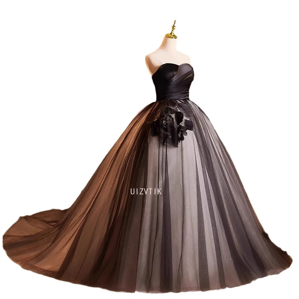 فستان سهرة من الساتان الأسود مخصص للنساء مأدبة أنيقة بدون حمالات على شكل حرف a زهور للحفلات الرسمية فساتين فيستدو دي فييستا