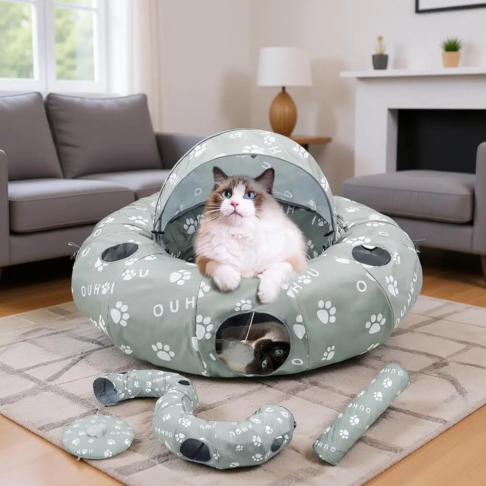 

Cat Tunnel Bed for Indoor Cats, Donut Tunnel with Mat, Straight Tunnel, 4 Hanging Balls and Blackout Tent, Collapsible Peekaboo