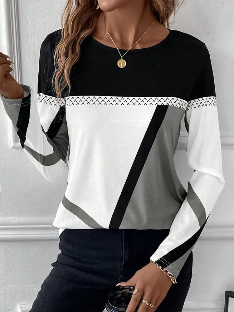 Women\'s Geometric Print T-Shirt Fall O Neck Casual Loose T Shirt Fashion Long Sleeve Shirts For Women Tee Spring Simple Clothing