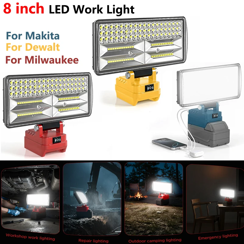 

8-дюймовый беспроводной светодиодный рабочий фонарь для Makita/Dewalt/Milwaukee, 18 В, литий-ионный аккумулятор, светодиодный фонарик с двумя USB-портами для работы, кемпинга на открытом воздухе