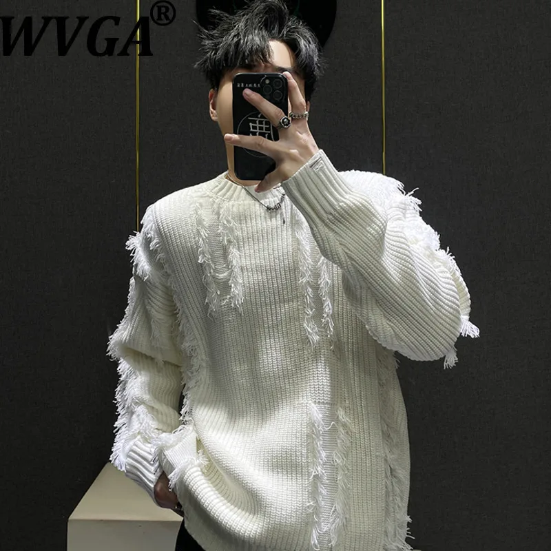 

WVGA Autumn Winter New Man Tide High Street Tassel Trendy O-Neck Sweater Niche Chic Casual Long Sleeved Knitted Pullovers W13213