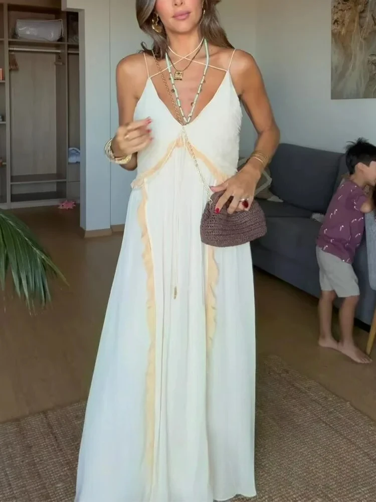 KONDALA-vestido Sexy elegante para mujer, camisola con cuello en V, cuello Halter, lazo, volantes, con cordones, vestido largo recto, nueva moda 2024, vestido de noche para discoteca