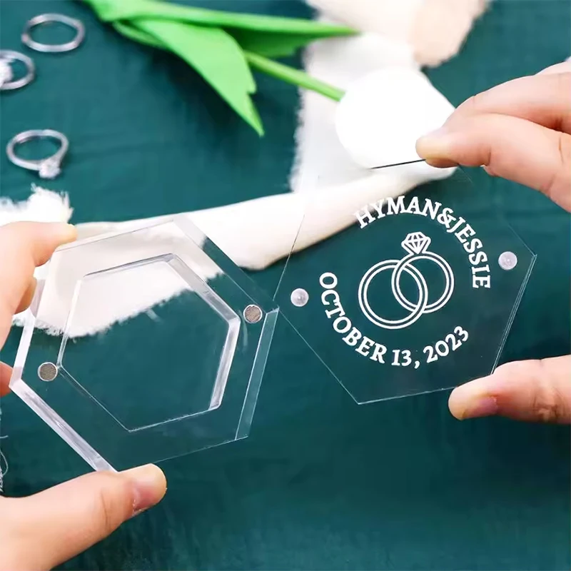 Boîte à bagues en acrylique de mariage personnalisée, boîte à bagues hexagonale transparente avec gravure au Laser, porte-anneau moderne personnalisé, cadeaux d'anniversaire