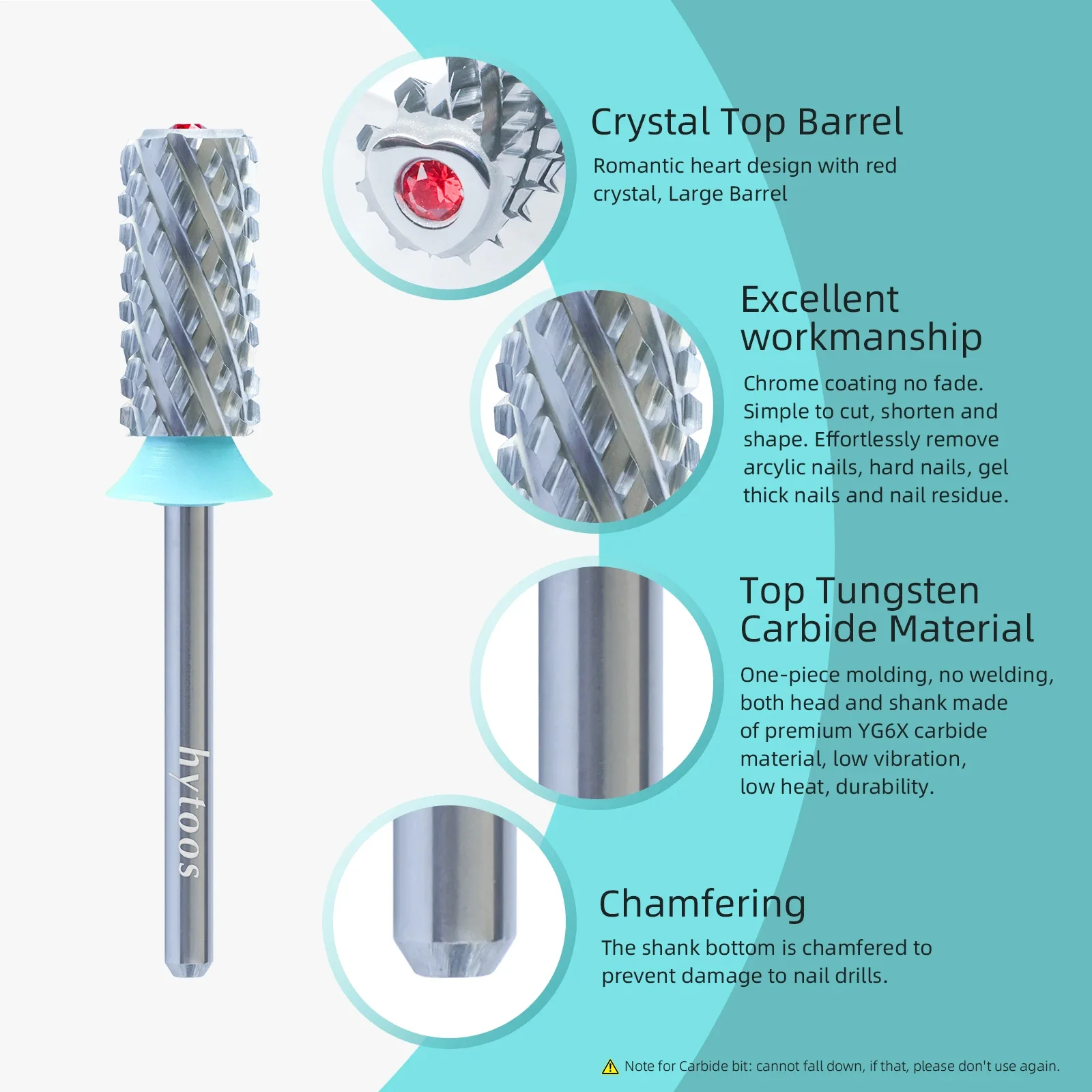 HYTOOS Wolfraamcarbide Acryl Nagelboor Chroom 6.6mm Crystal Top Barrel Nail Bits 2-weg Manicure efile Art Verwijder Gel