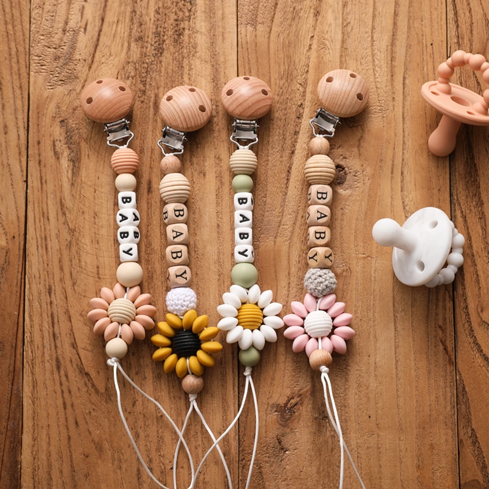 Baby Handmade Sunflower Pacifier Chain Dummy Nipples Holder Clips Babies Silicone Teething Chain Gifts for Cute Baby Accessories