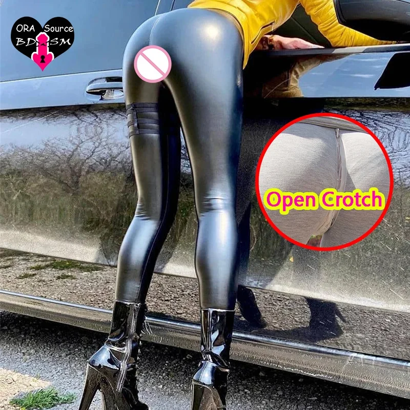 Leggings sexys de cuero con entrepierna abierta para mujer, bragas de PU sin entrepierna para sexo al aire libre, bragas con dos cremalleras, pantalones góticos sin costuras, ropa de látex