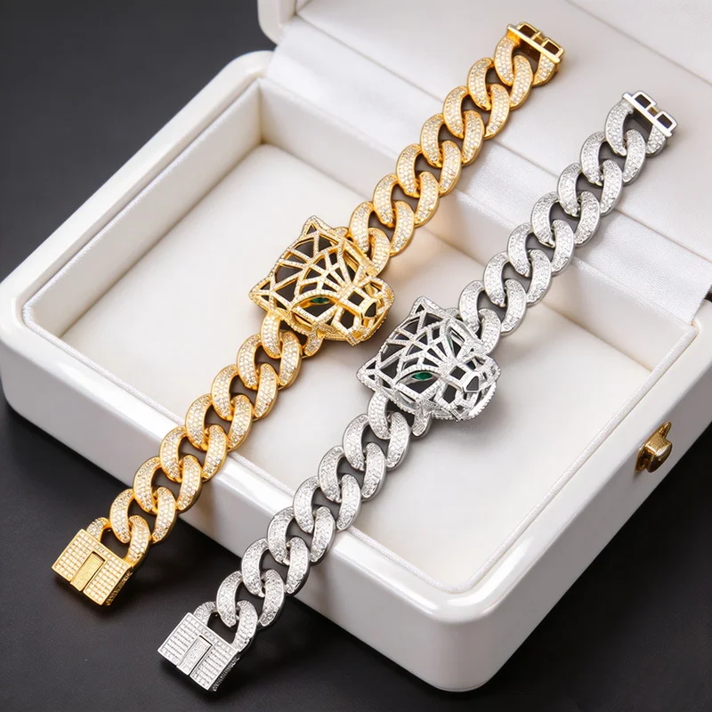 Fashion Hip Hop Bracelet Women Men Inlaid Full Cubic Zircon Hollow Out Green Eyes Leopard Panther Cuba Chain Party Jewelry