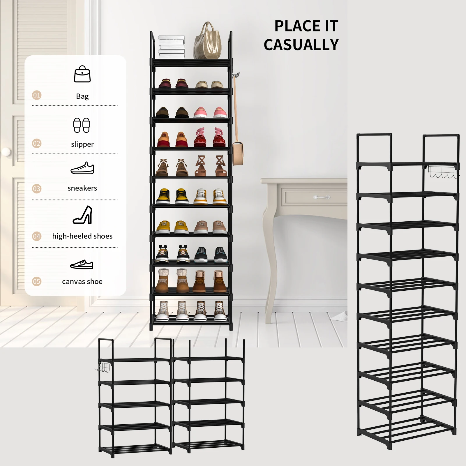 Shoe Rack 10 Tier Shoe Storage Organizer Metal With Hooks Fit 20-25 Pairs Shoes Easy Assembly, Space-Saving.