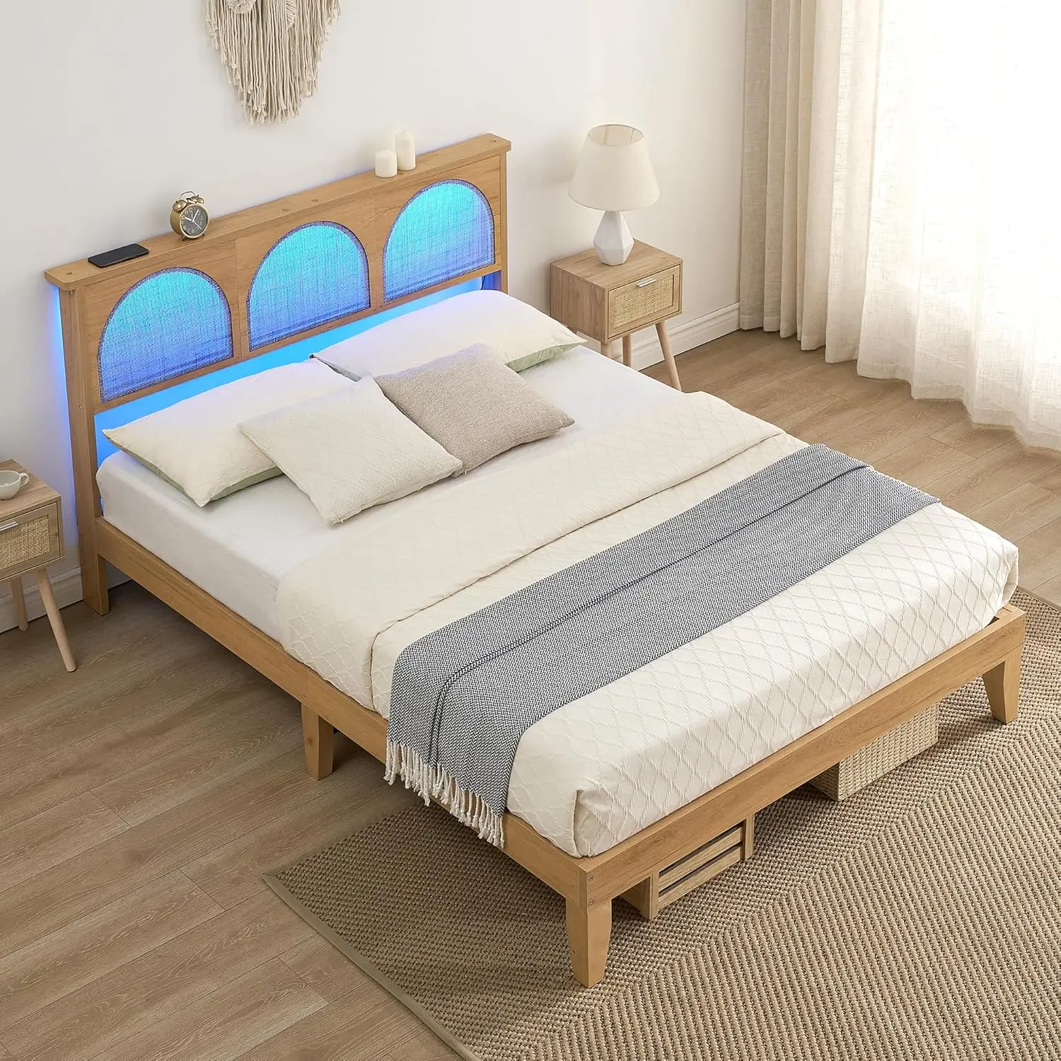 Wooden Bed Frame Queen Size with Rattan Headboard LED Lights Storage Function No Box Spring Needed Strong Rustic Design Canopy