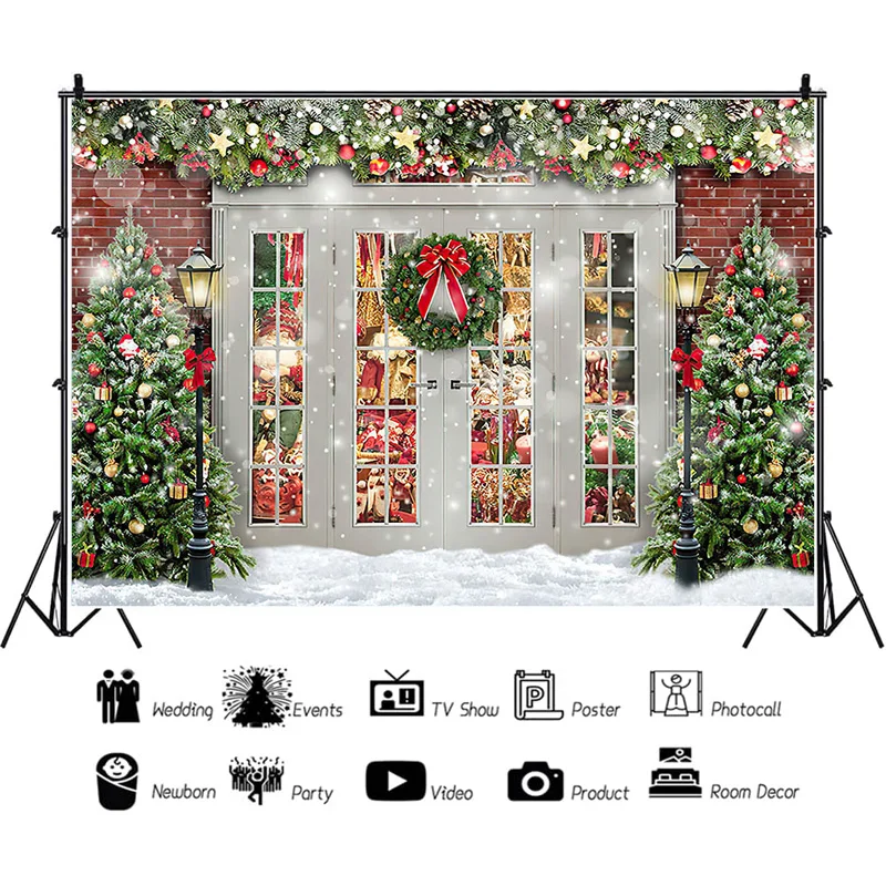 

Vinyl Custom Christmas Tree Window Candy Photography Backdrop Wooden Doors Snowman Cinema Pine New Year Background Prop LPR-08