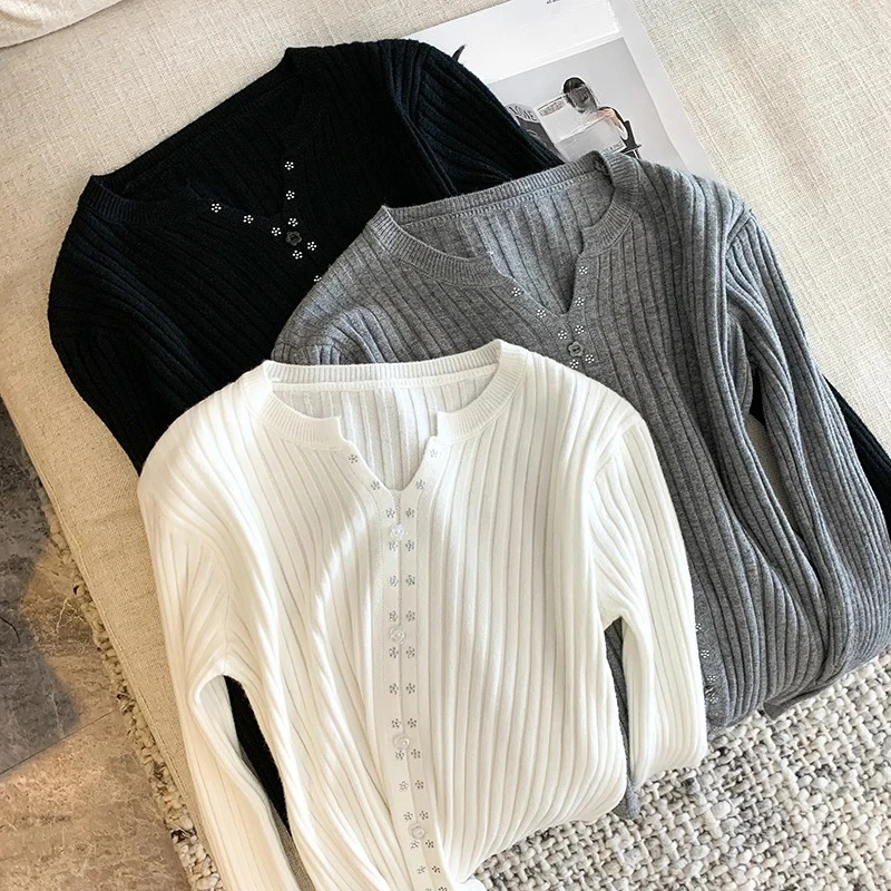 

Осень-зима, однобортный вязаный женский свитер с v-образным вырезом, винтажный тонкий пуловер с длинными рукавами, женский топ 2025 г.