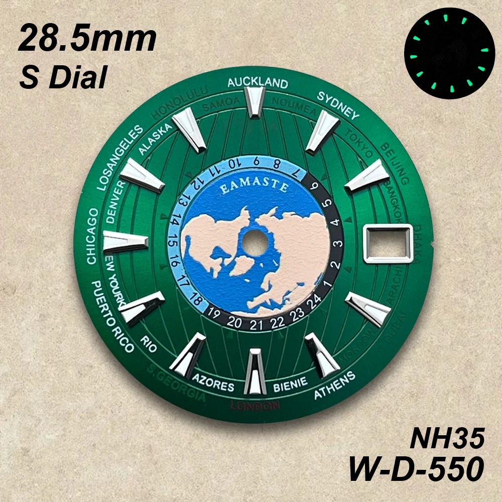28.5mm S Logo World Map Dial Fit NH35/NH36/4R/7S Japanese Automatic Movement Green Luminous Watch Modification Accessories