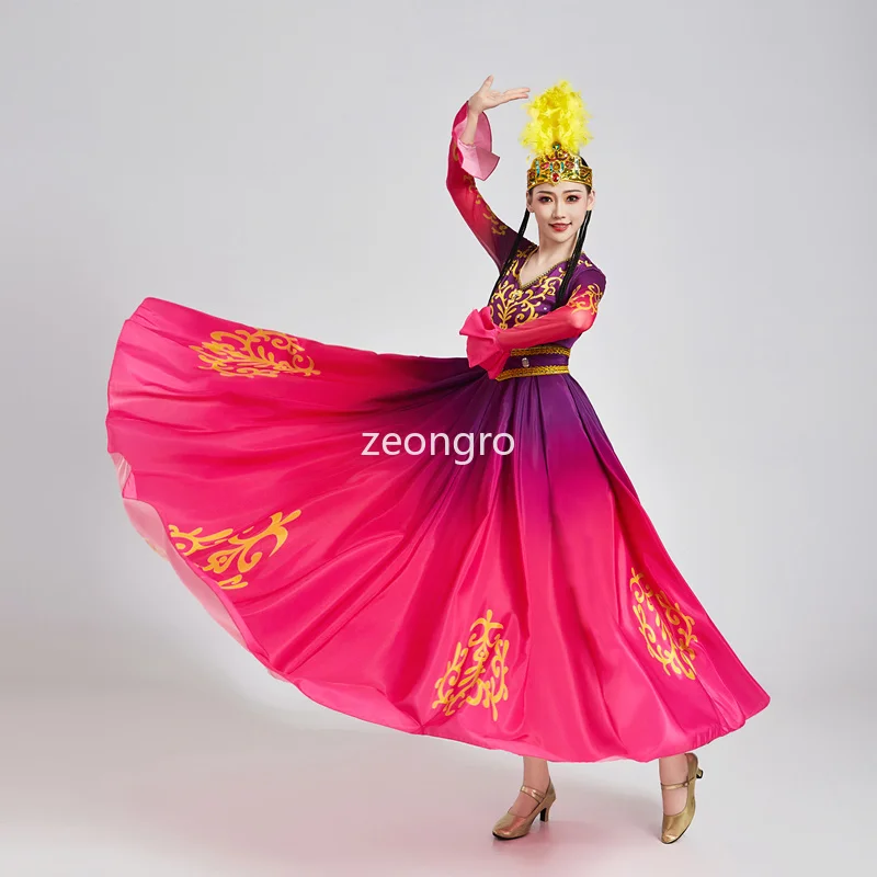 Neues Xinjiang-Tanzkleid für Damen, weiblich, erwachsener, urigurischer Tanz, Eröffnungstanz, großer Rock, ethnische Windleistung