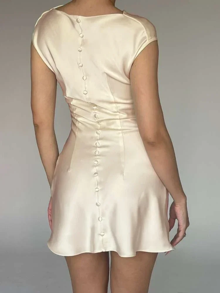 Laxsesu sexy cetim botão vestido feminino elegante 2025 tendência verão sólido simples fino pilha colarinho sem mangas zíper mini bodycon