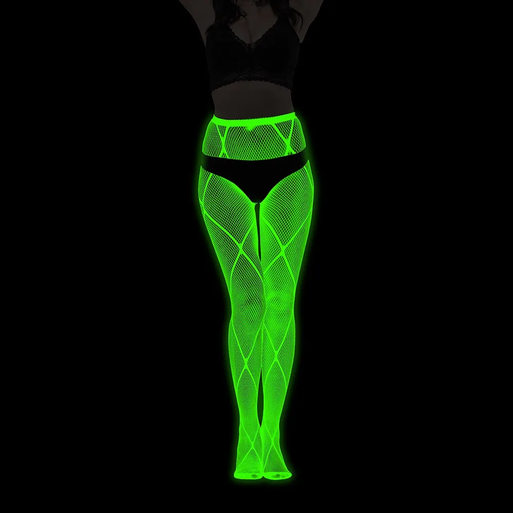 Modische Spandex-Strumpfhose, im Dunkeln leuchtend, Nylon, nachtleuchtend, Netzstrumpfhose, glänzende Strumpfhose für Damen