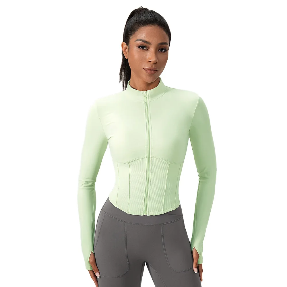 SHINBENE Yoga Pants Long-sleeved Tight-fitting Zipper Jacket Slimming V-neck Sports Top for Running and Fitness Training