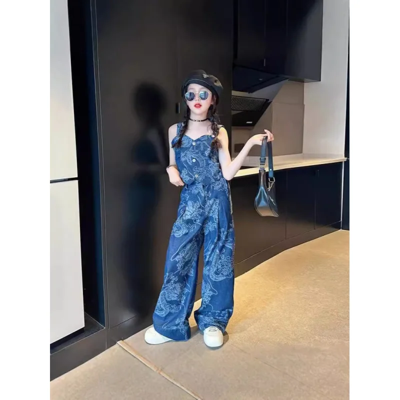 Hnq-Girls Suit Summer New National Fashion Denim Camisole+Wide Leg Pants2Set Children One Piece Dropshipping