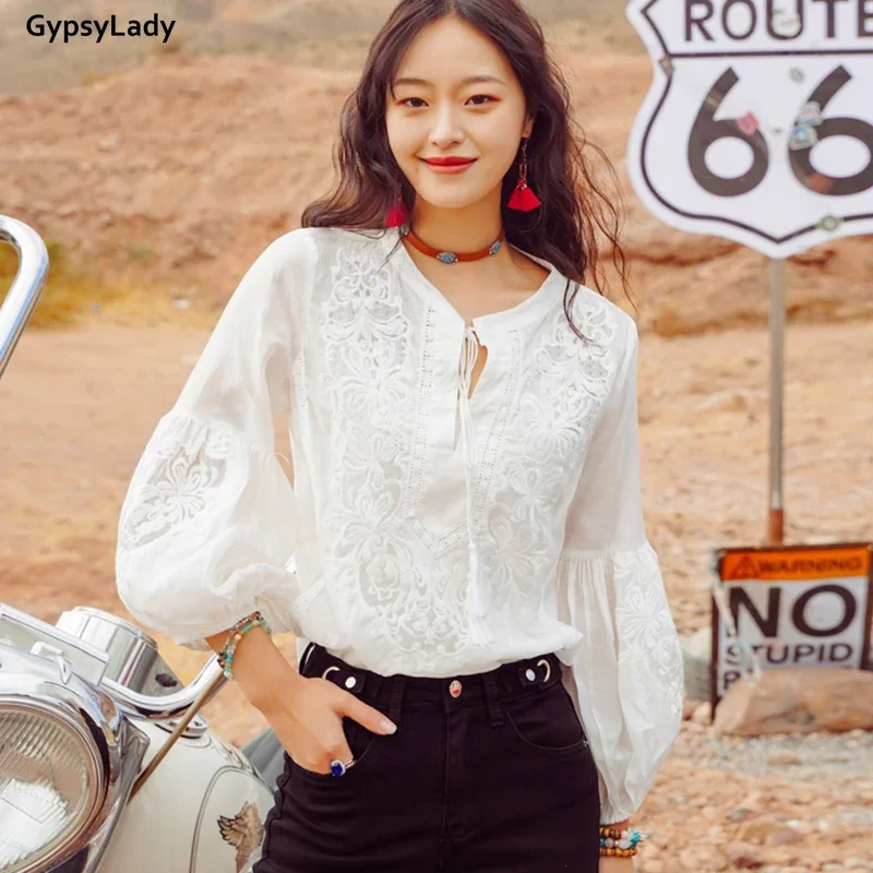 GypsyLady Silk White Embroidery Blouse Shirt 2 Piece Set Lace Sheer Blouse Women Long Lantern Sleeve Sexy Chic Holiday Top Shirt