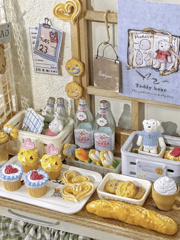 1/6 Scale Miniature Dessert Collection: Heart Cake, Churros, Smile Cookies Soda Bottle & Tiny Bear for BJD Dollhouse Party Scene