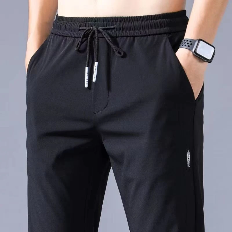 2026 Summer Men Ice Silk Breathable Casual Pants Plus Size Straight Drawstring Quick Dry Thin Comfort Versatile Sports Trousers