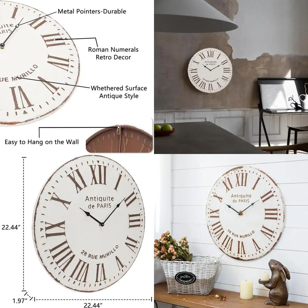 

Decorative 22 Inch Round Metal Wall Clock, Battery-Powered Silent Quartz Analog, Roman Numerals, Vintage French Style