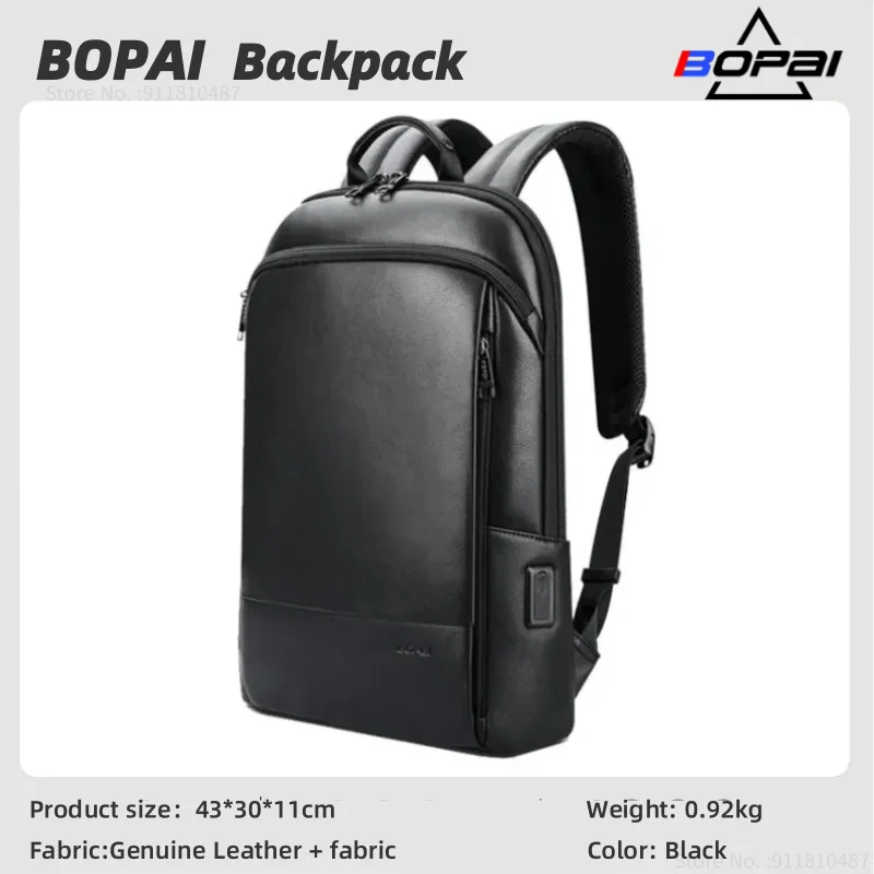 BOPAI Sac à dos en cuir véritable pour homme 100 % cuir de vachette naturel Sac de voyage d\'affaires Slim pour ordinateur portable USB Recharge