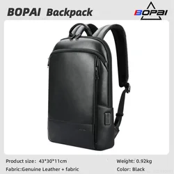 BOPAI Sac à dos en cuir véritable pour homme 100 % cuir de vachette naturel Sac de voyage d'affaires Slim pour ordinateur portable USB Recharge antivol Sacs à dos école Première couche en cuir de vachette pour homme