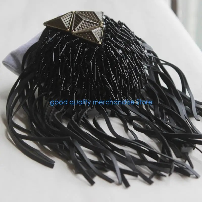 

Y5JD Fringe Shoulder Pieces Leather Tassel Chain Epaulet Beads Punk Fringe Shoulder Boards Badge Uniform Accessories for Wom