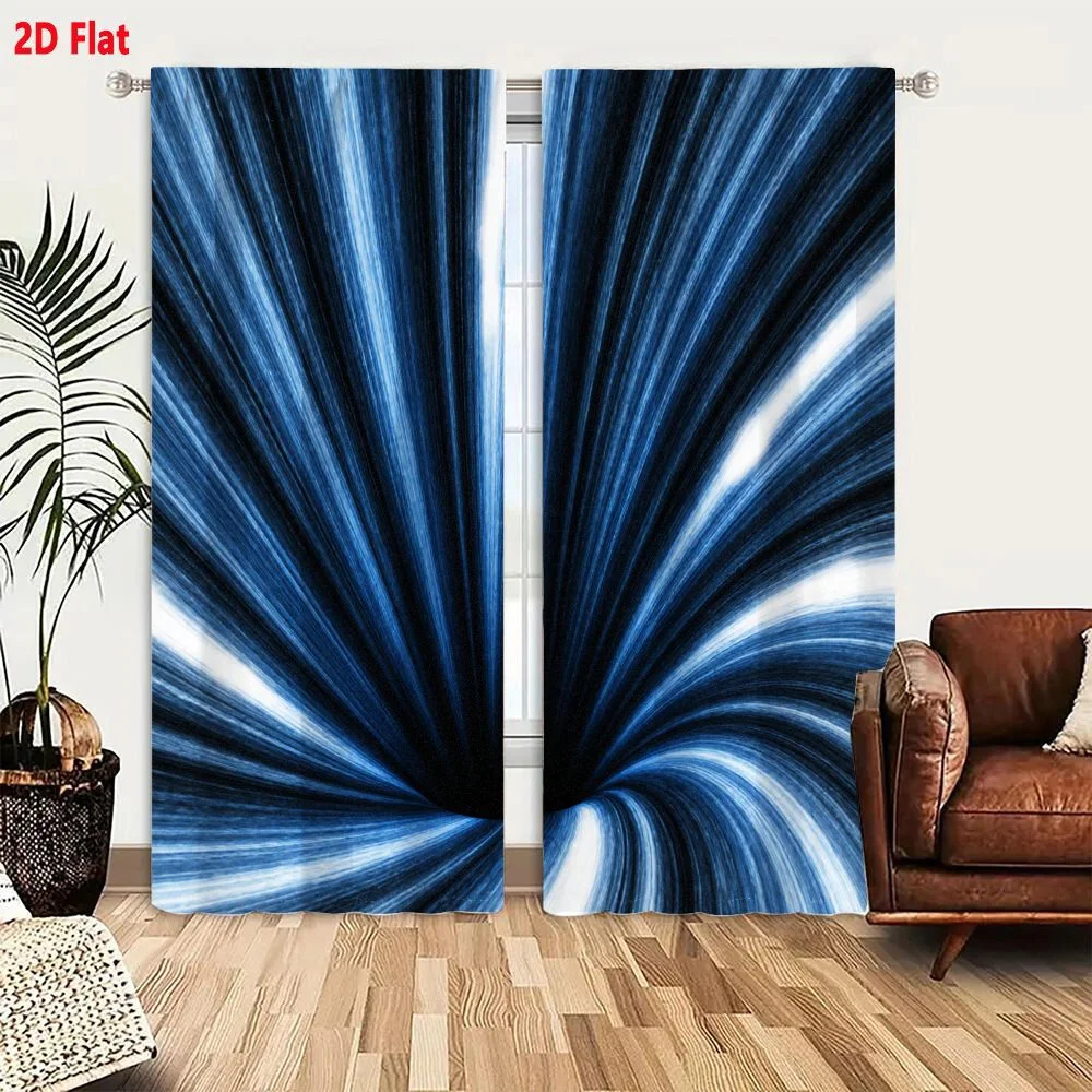 2Pcs Curtains 2D Flat Abstract Digital Artwork Radial Tunnel-Like Effect With Blue White Lines Radiating From Dark Central Void