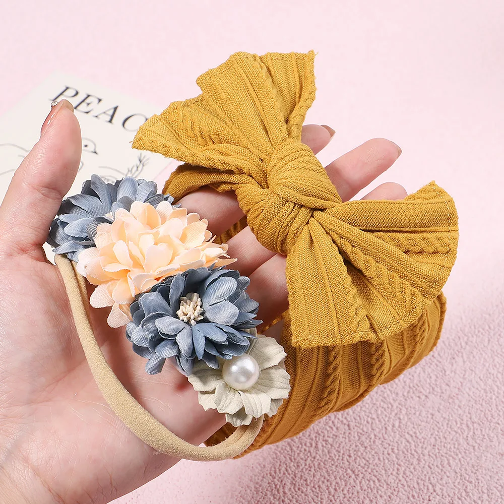 3Pcs/Set Cable Knit Flower Baby Headbands For Girls Elastic Turban Kids Bands Nylon Newborn Headwrap Fairy Hair Accessories