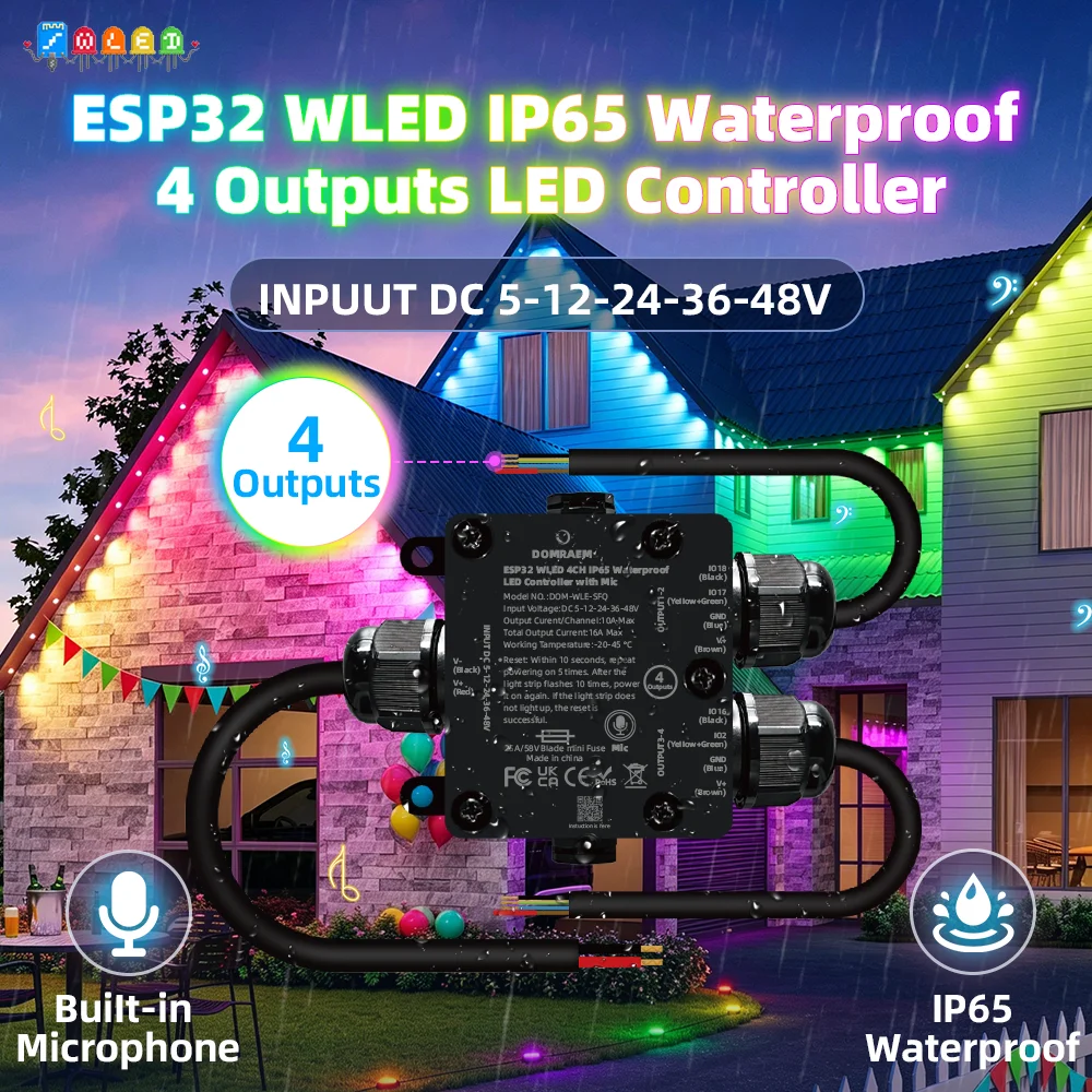 DOMRAEM ESP32 4 Outputs Addressable WLED LED Controller IP65 Outdoor Waterproof 25A Fuse Music Sync Supports WS2811 12B SK6812