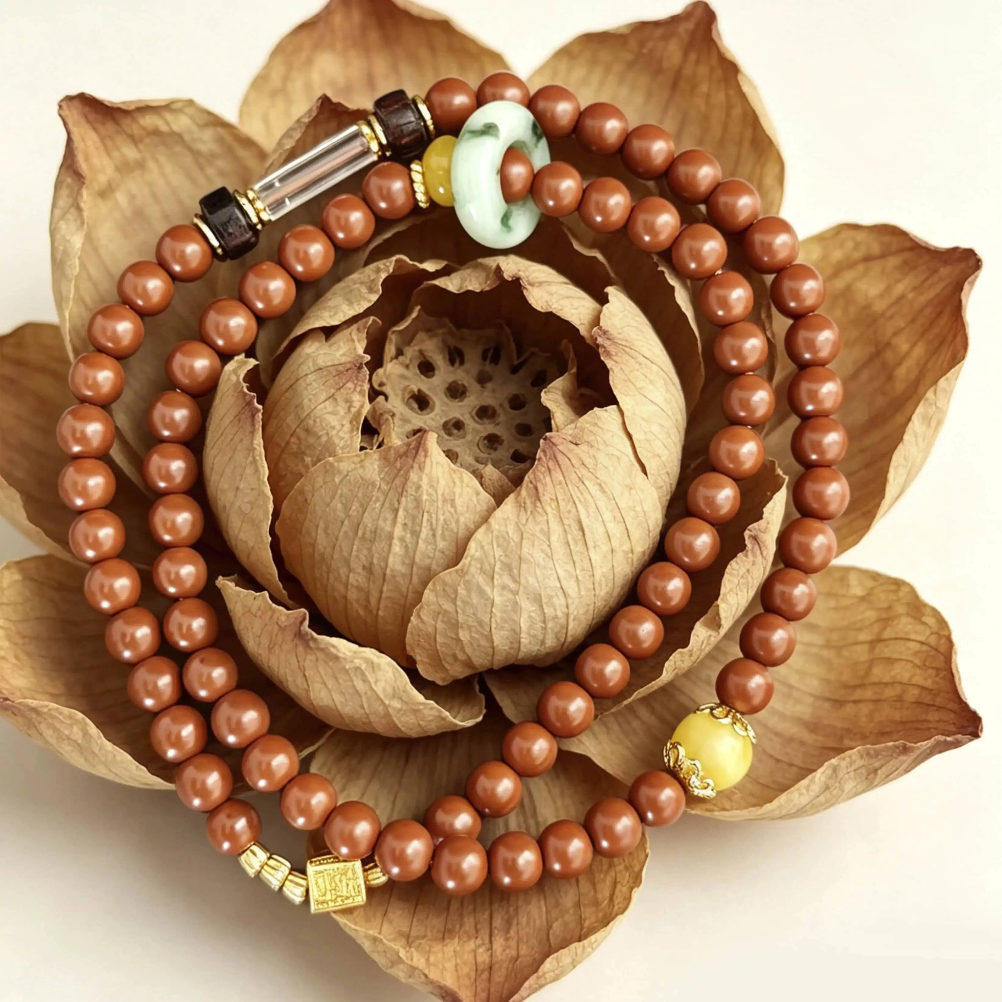 A Pair Of Qibao / Zisha Red Clay Natural Sandalwood Buddha Bead Bracelets For Men And Women, New Chinese Style Tea Ceremony