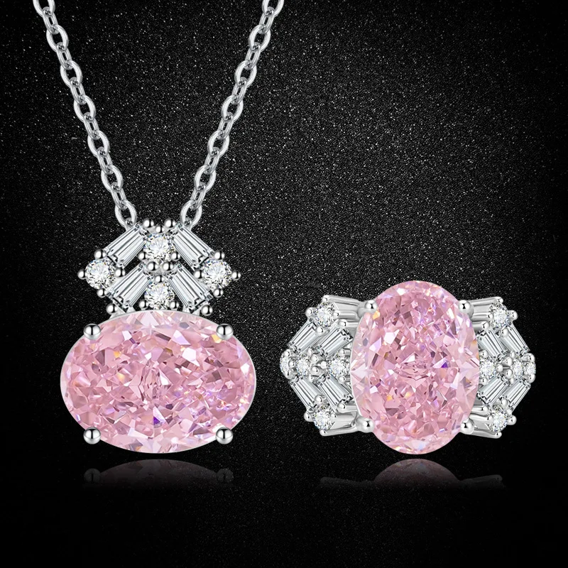 

Elegant Ice‑Cut Pink Cubic Zirconia Jewelry Set for Women, Trendy S925 Sterling Silver Ring and Pendant Necklace
