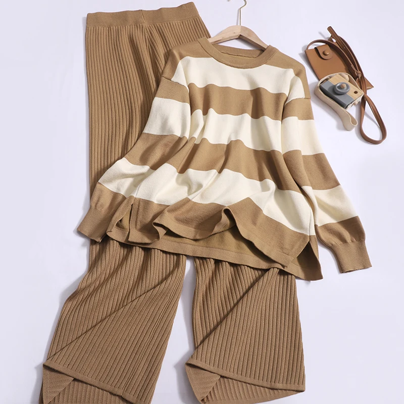 

Fashion Autumn Color-matching Striped Crewneck Long-sleeve Split Sweater Casual Loose Wide-leg Pants for Women Two-piece Set