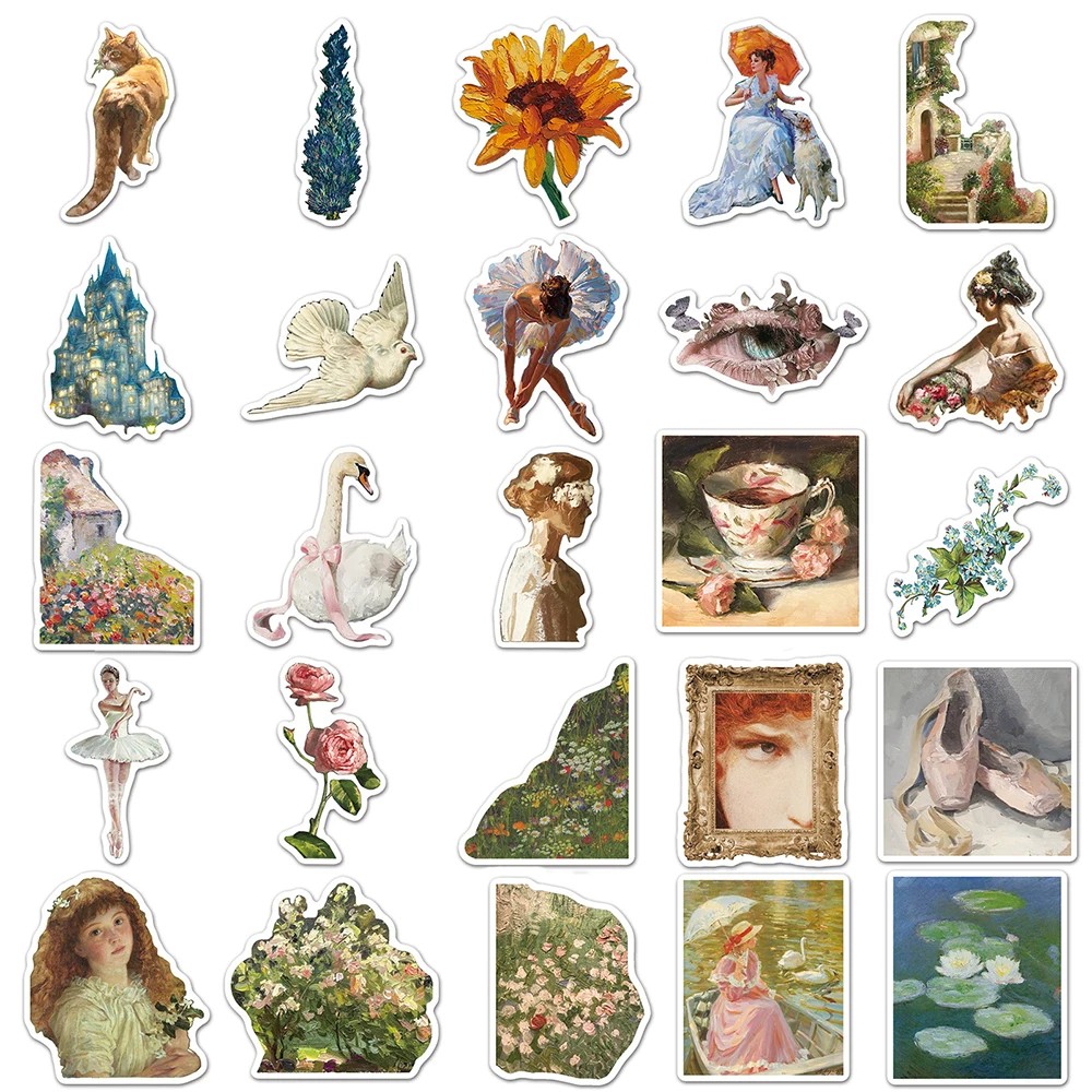 สติกเกอร์ลายภาพวาดสีน้ำมัน 10/30/50 ชิ้น สไตล์วินเทจ กราฟฟิตี้ ของเล่น DIY ตกแต่งสเก็ตบอร์ด โทรศัพท์ สมุดโน้ต รถยนต์