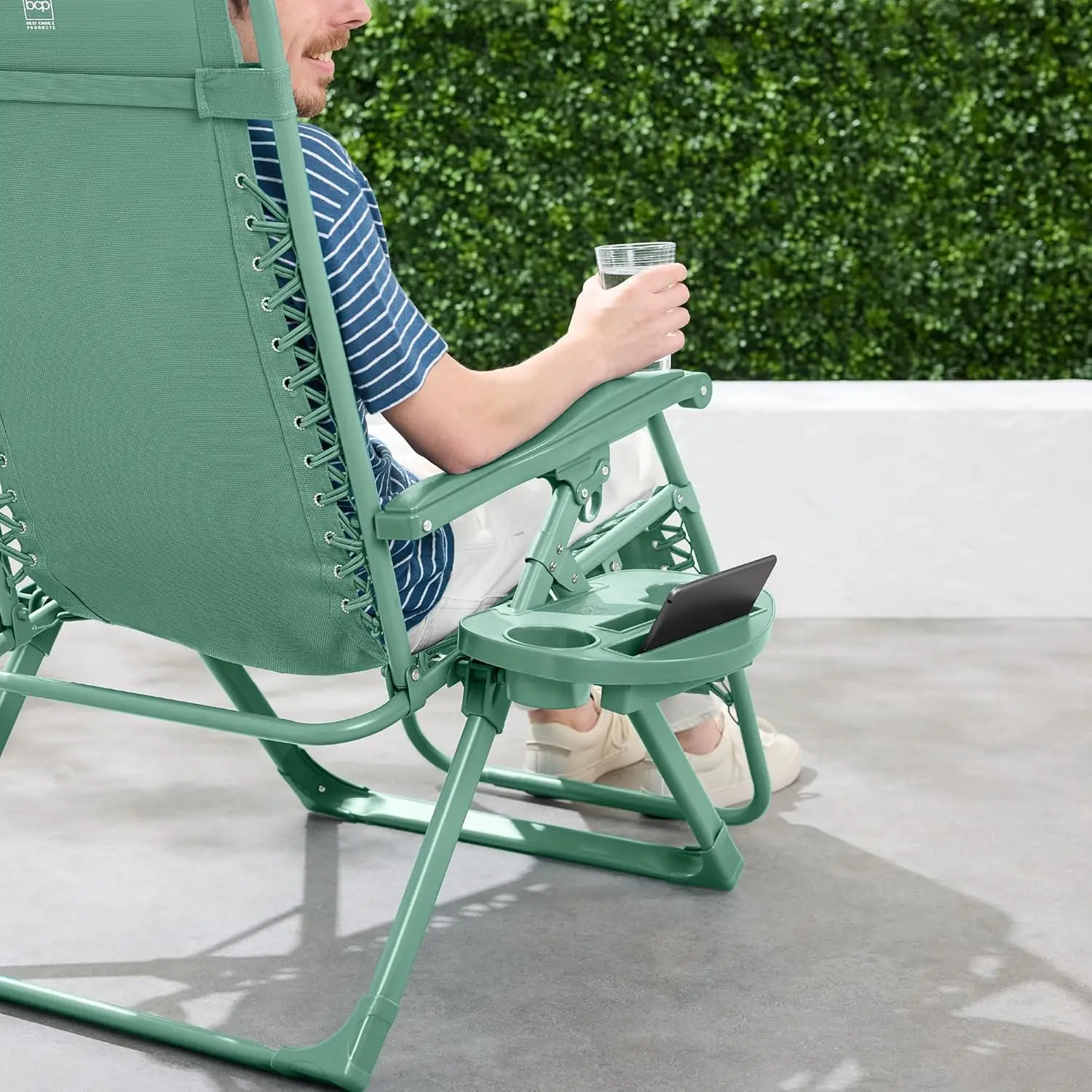 Adjustable Premium Color Zero Gravity Chair, Monochromatic Folding Patio Recliner w/Side Tray, Headrest - Seafoam image 5