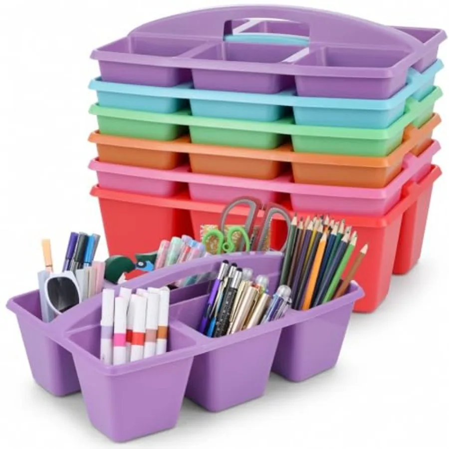 

6 Pack Assorted Colors 6 Compartment Classroom Caddy with Handle Portable Plastic Storage Classroom Caddies Organizer for Class