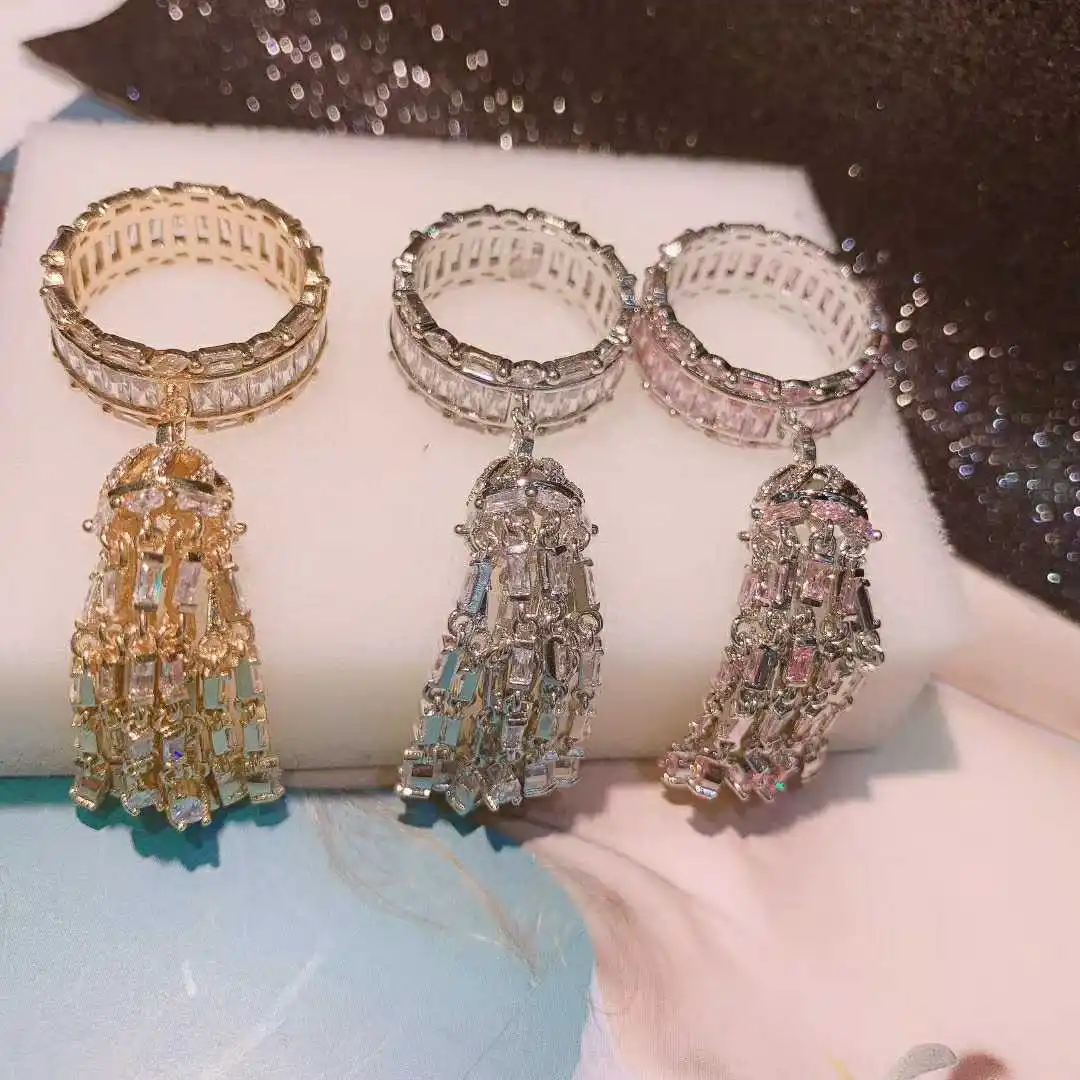HIBRIDE Luxury Long Tassel Drop Full Mirco Paved Cubic Zirconia Statement Rings for Women Bridal Wedding Accessories bijou R-303