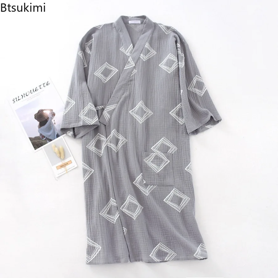 

Men's Cotton Crepe Cloth Pajamas Robe Japanese Kimono Cardigan Sleepwear Print Homewear Two-layer Gauze Comfort Bathrobe for Men