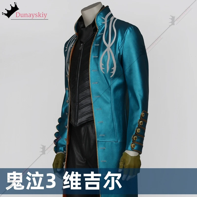 Disfraz de Vergil, disfraz de hombre, gabardina larga verde, juego DMC 3, trajes de Anime, trajes de Vergil, trajes de utilería de peluca de juego de rol