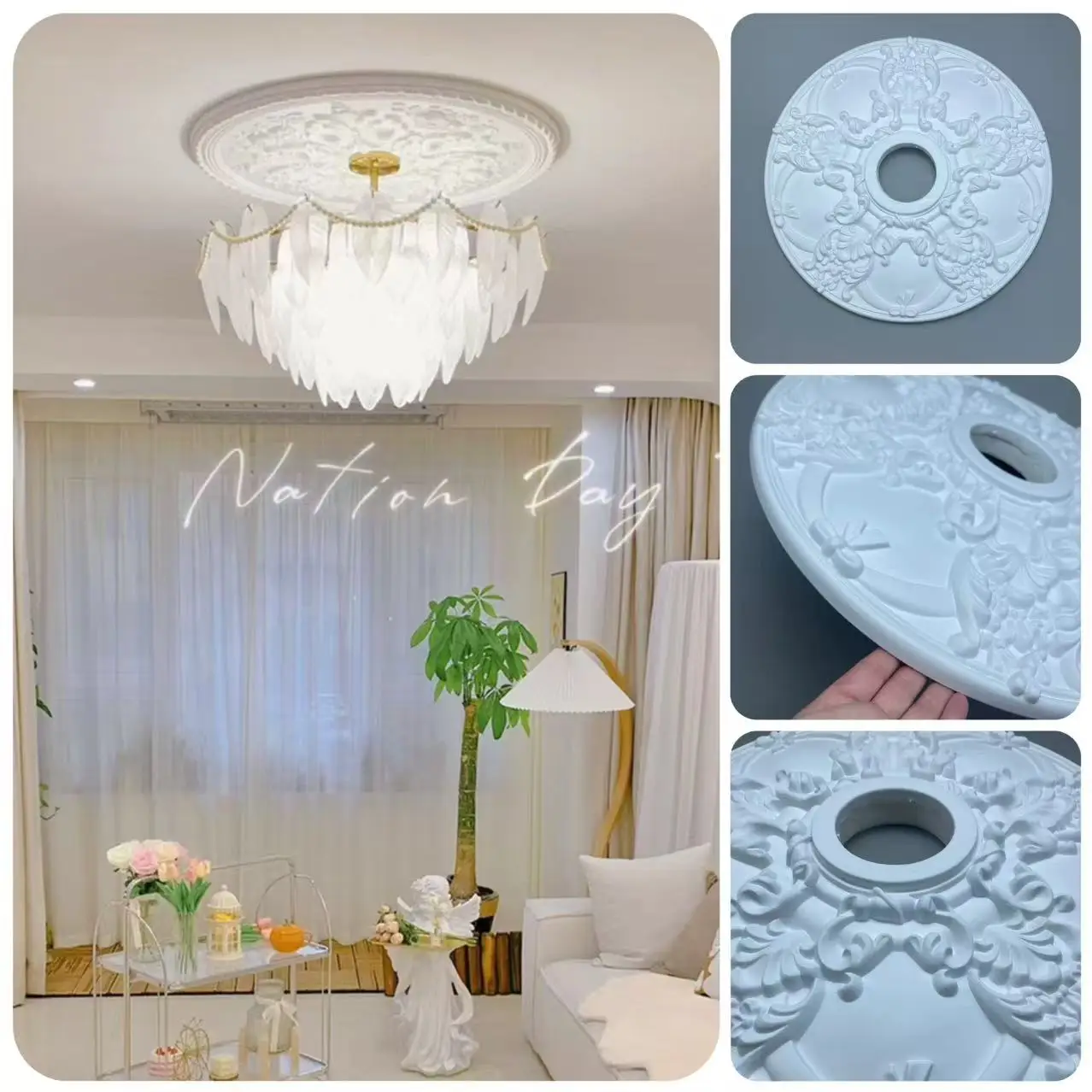 Pu Mold Lamp Panel Imitation Gypsum Polyurethane Decoration Material Ceiling Round Panel Lamp Holder Headlight Base Foam PVC Ope