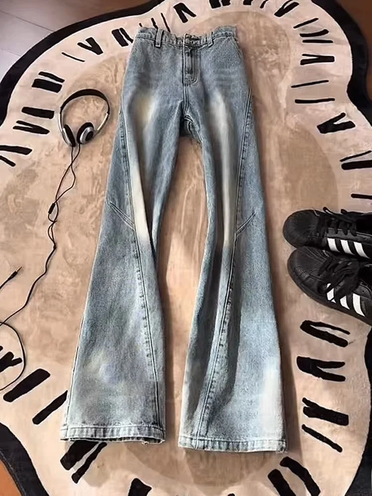

American High Street Diagonal Cut Jeans Men's Autumn Winter Slimming Leg Lengthening Straight Micro Flared Pants Casual Cotton