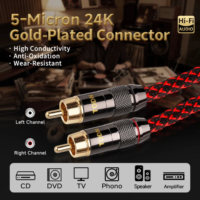 TODN 1 paio cavo audio RCA 2 cavi di interconnessione RCA a 2 cavi HIFI stereo 4N OFC maschio a maschio per amplificatore DAC TV audio per auto