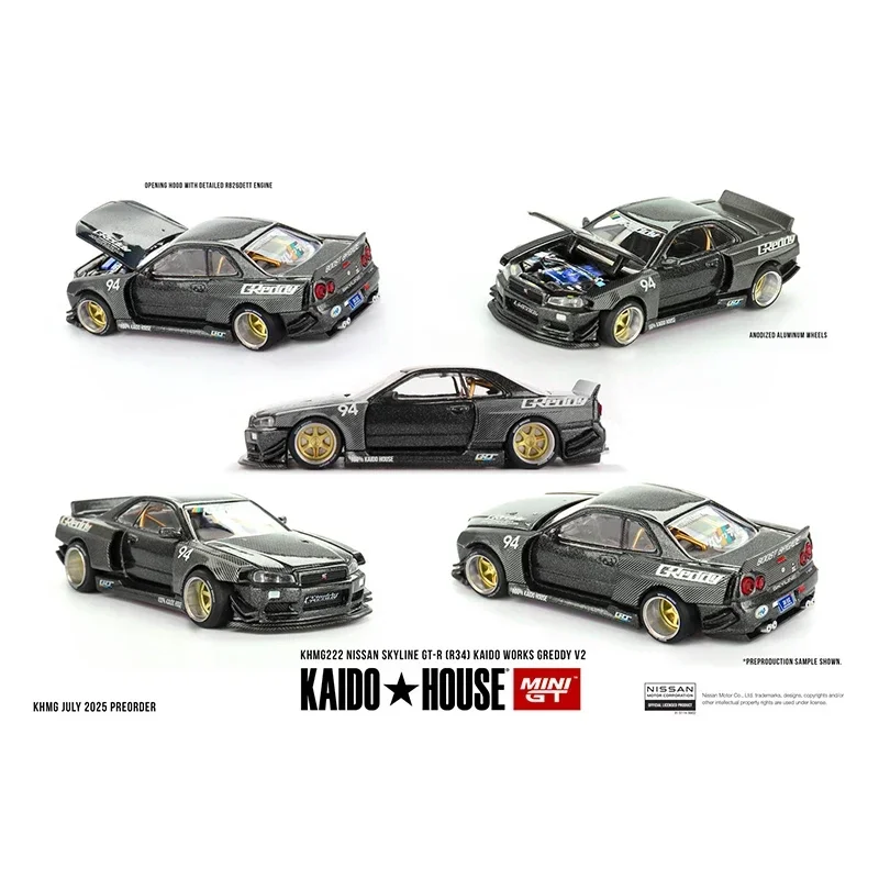 

PreSale KHMG 222 1:64 Nissan Skyline GTR R34 Kaido Works GReddy V2 Car Model Openable Hood Diecast Kaido House MINIGT