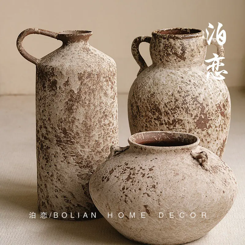 Jingdezhen wabi terroir clay pot coarse pottery ornament retro old homestay bogu frame high-end pure handmade ornament